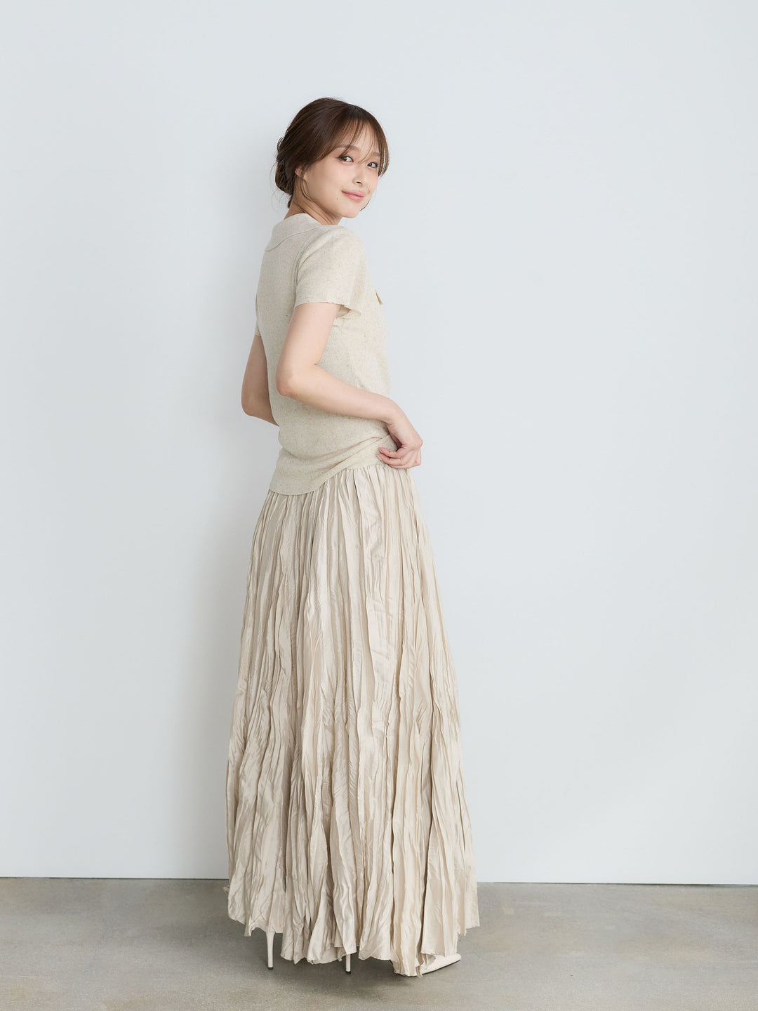 【SET】【Luxe Series】ダブルポケットサマーニットポロトップス+グロッシーワッシャープリーツスカート(2set)