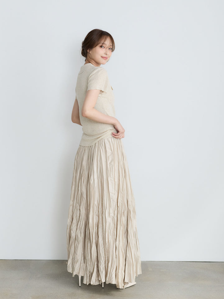 【SET】【Luxe Series】ダブルポケットサマーニットポロトップス+グロッシーワッシャープリーツスカート(2set)