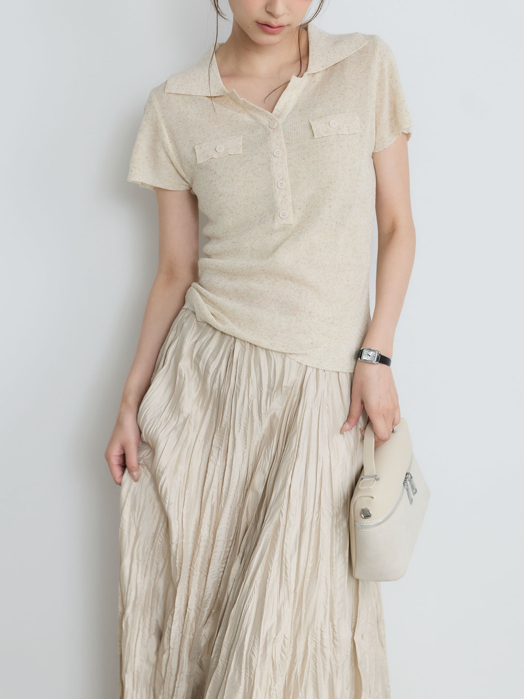 【SET】【Luxe Series】ダブルポケットサマーニットポロトップス+グロッシーワッシャープリーツスカート(2set)