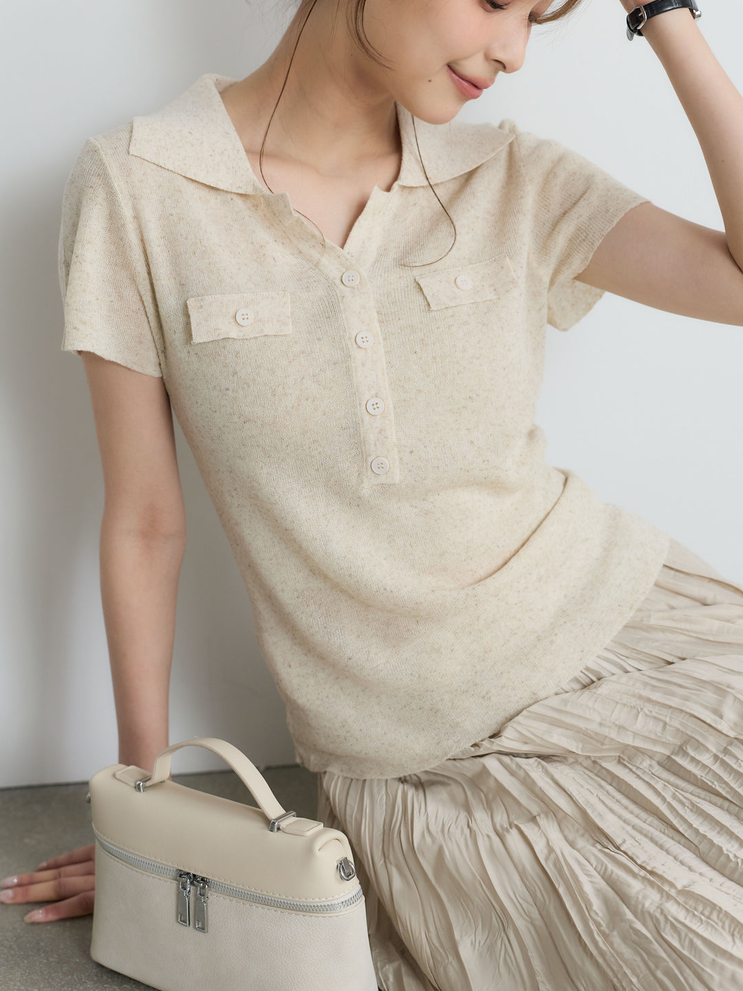 【Luxe Series】ダブルポケットサマーニットポロトップス