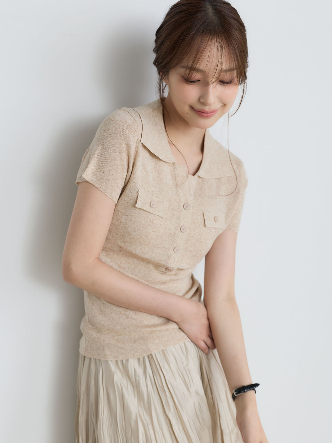 【SET】【Luxe Series】ダブルポケットサマーニットポロトップス+グロッシーワッシャープリーツスカート(2set)