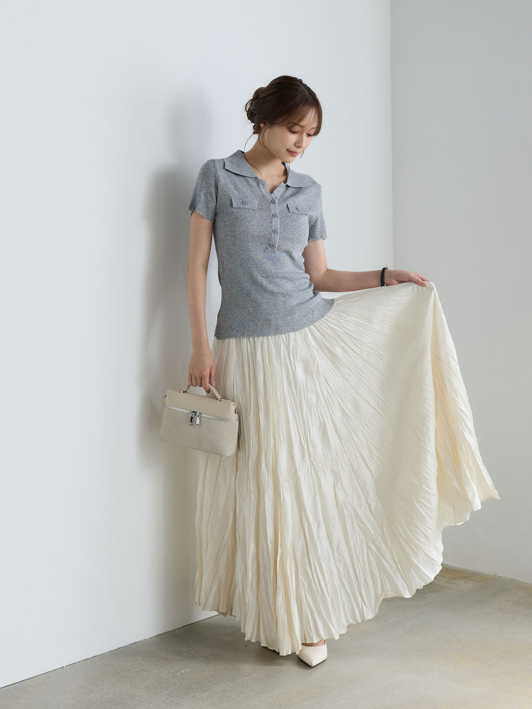 【SET】【Luxe Series】ダブルポケットサマーニットポロトップス+グロッシーワッシャープリーツスカート(2set)