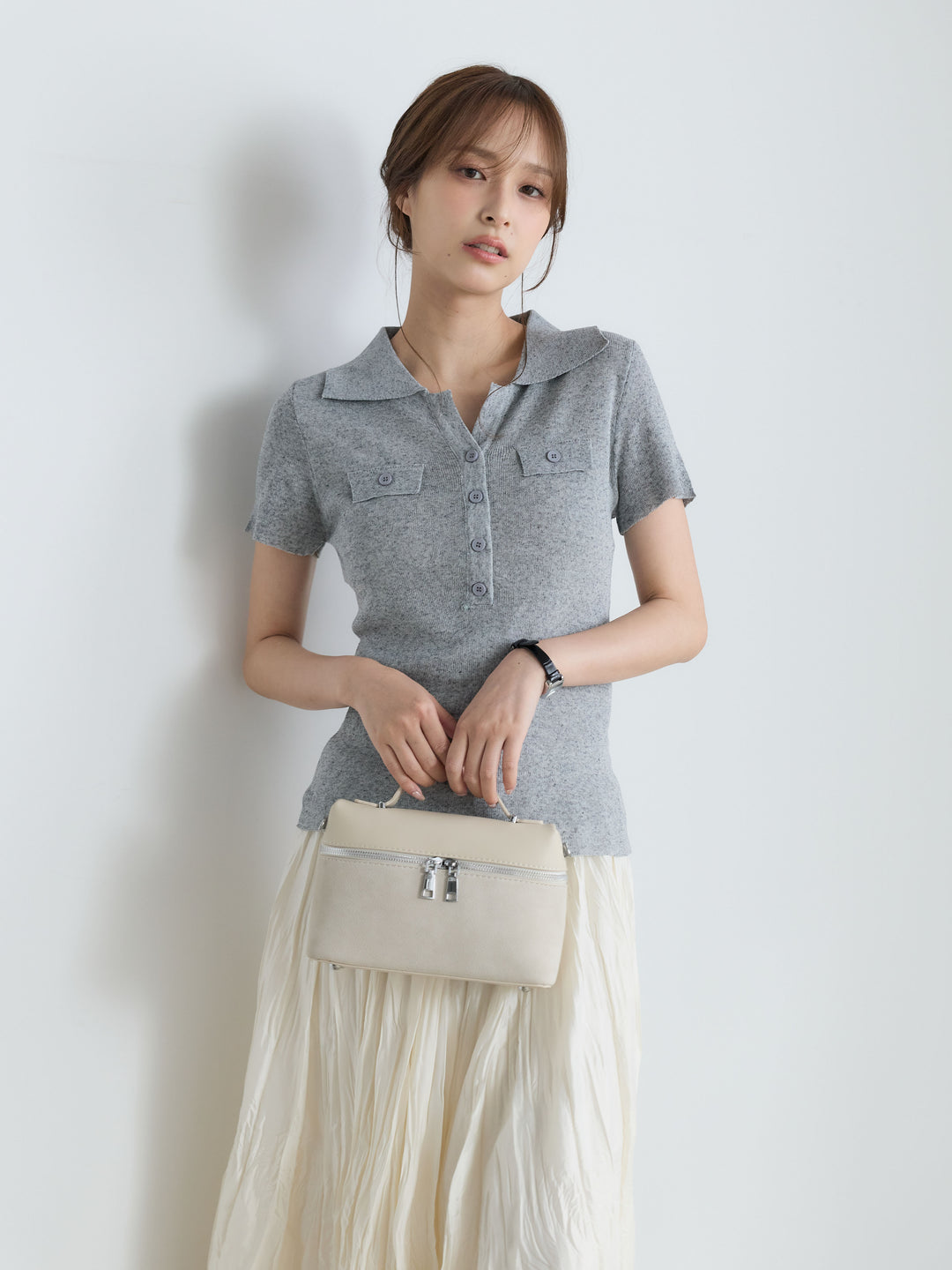 【SET】【Luxe Series】ダブルポケットサマーニットポロトップス+【Luxe Series】ダブルポケットサマーニットポロトップス(2set)