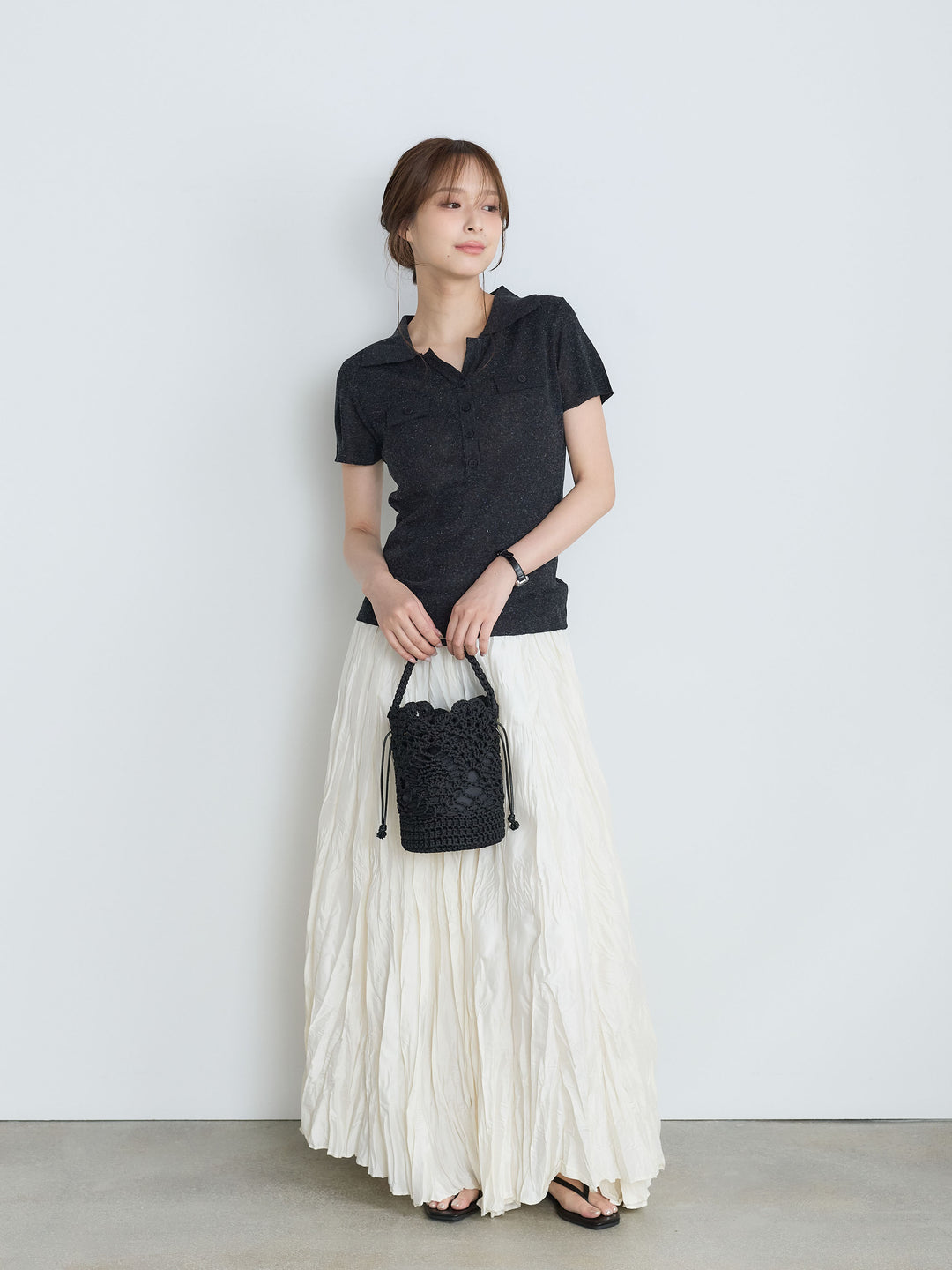 【SET】【Luxe Series】ダブルポケットサマーニットポロトップス+グロッシーワッシャープリーツスカート(2set)