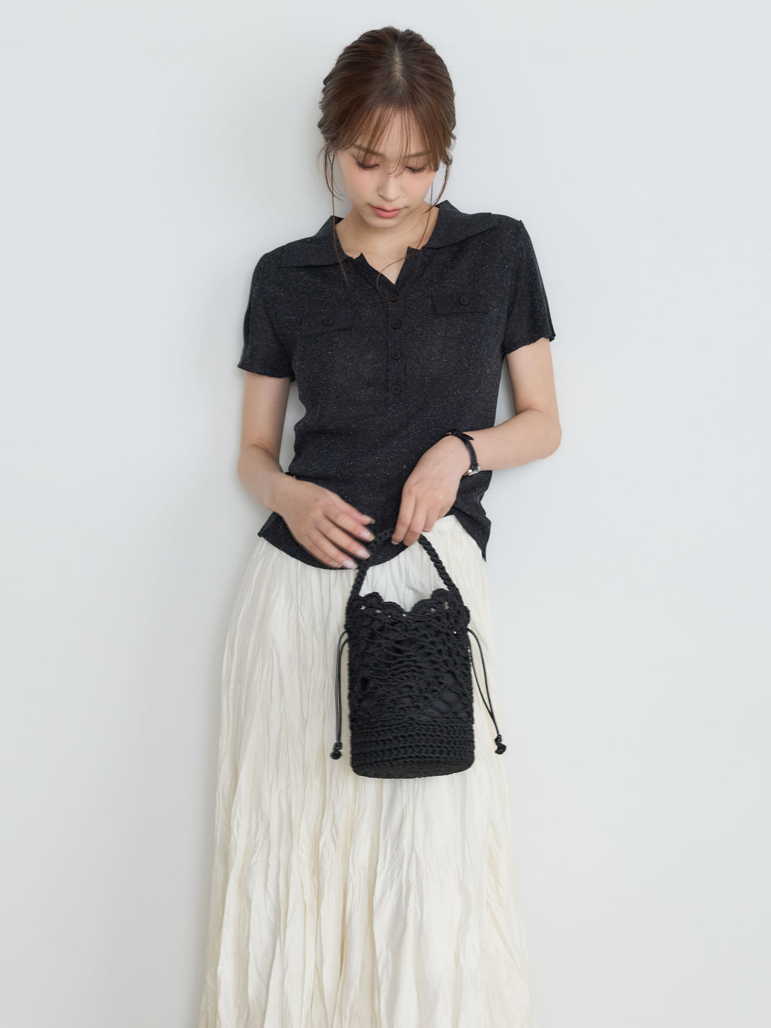 【SET】【Luxe Series】ダブルポケットサマーニットポロトップス+グロッシーワッシャープリーツスカート(2set)