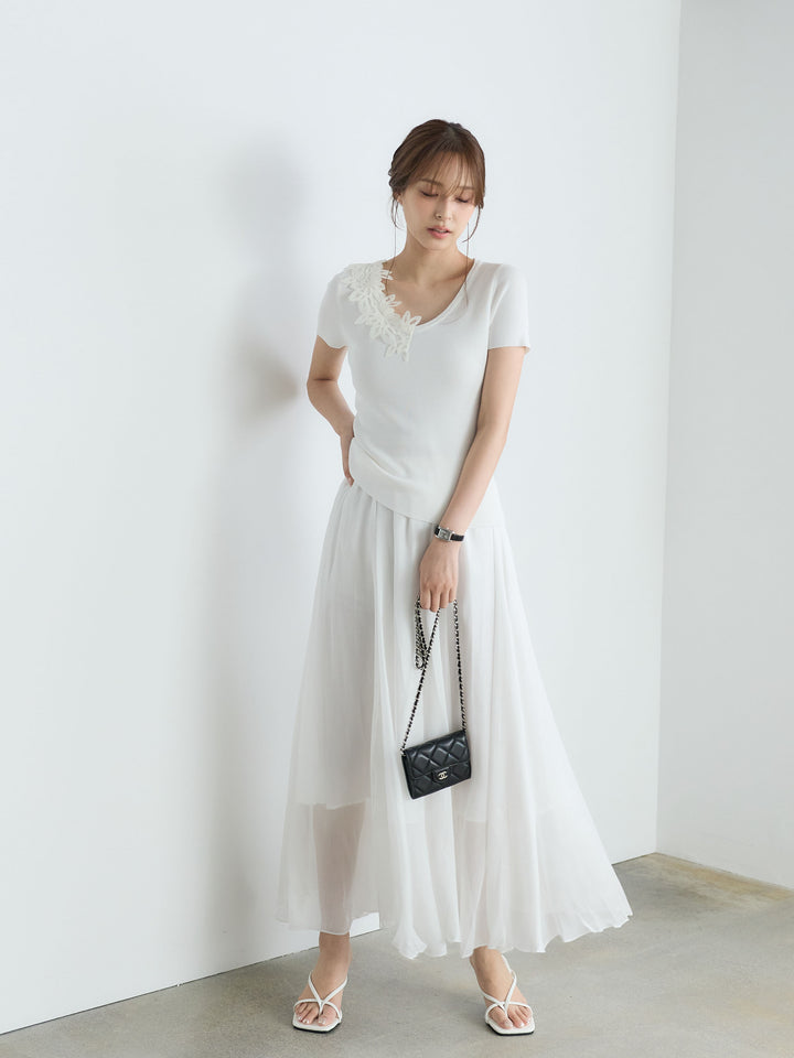 【SET】【Luxe Series】アシメレースネックサマーリブトップス+【Luxe Series】シャイニーシワプリーツスカート(2set)