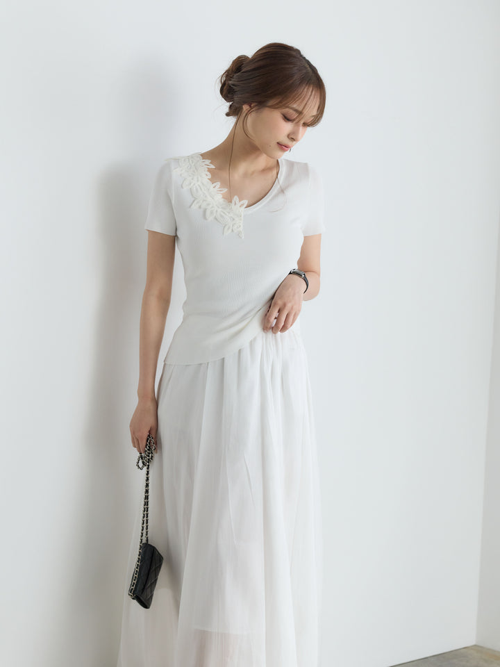 【SET】【Luxe Series】アシメレースネックサマーリブトップス+【Luxe Series】シャイニーシワプリーツスカート(2set)