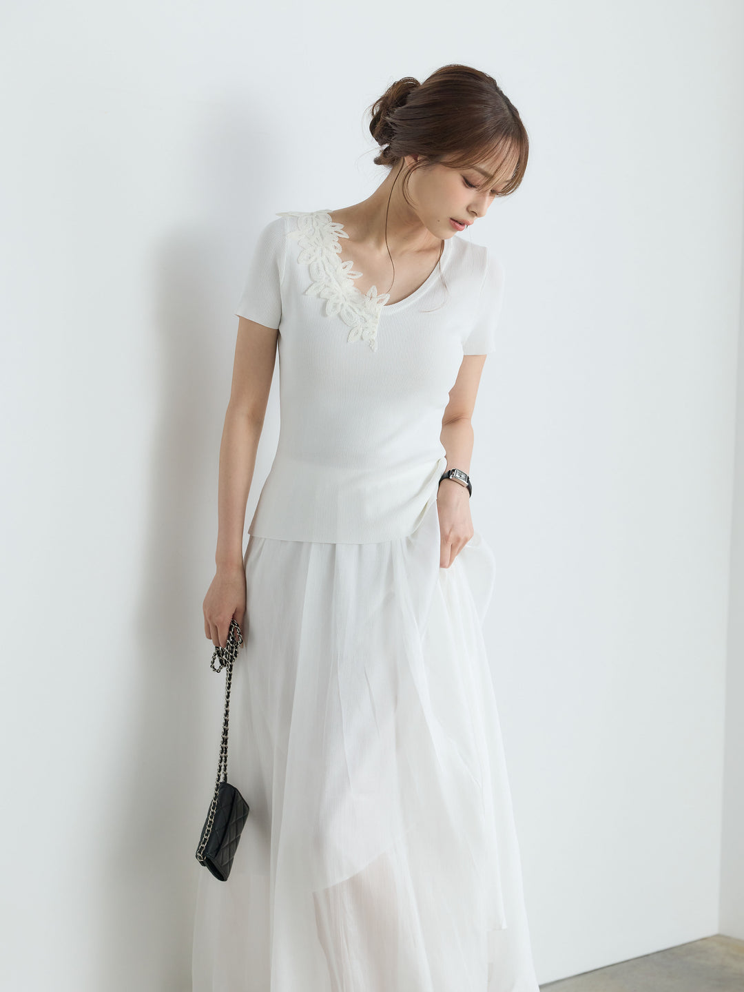 【SET】【Luxe Series】アシメレースネックサマーリブトップス+【Luxe Series】シャイニーシワプリーツスカート(2set)