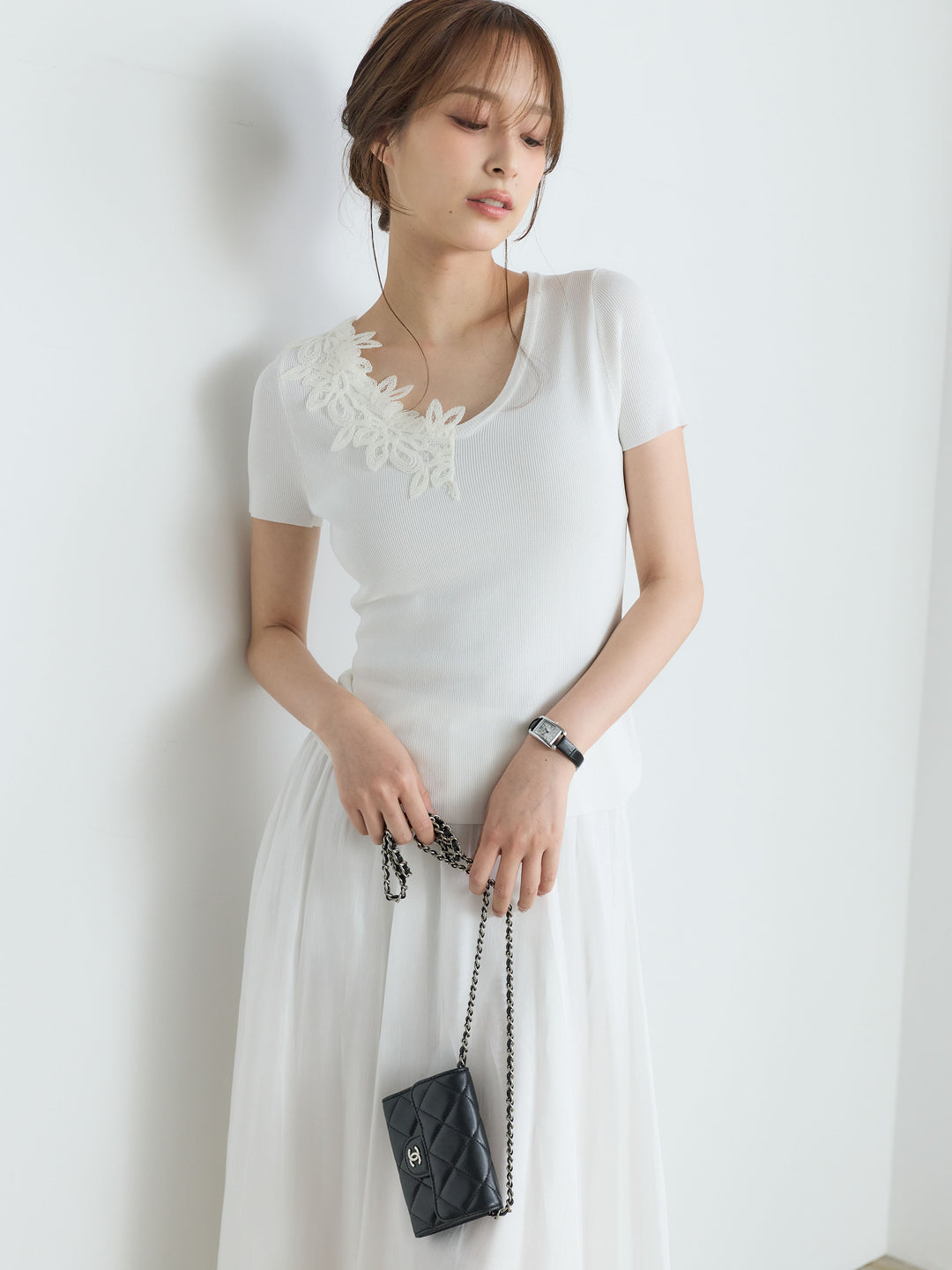 【Luxe Series】アシメレースネックサマーリブトップス