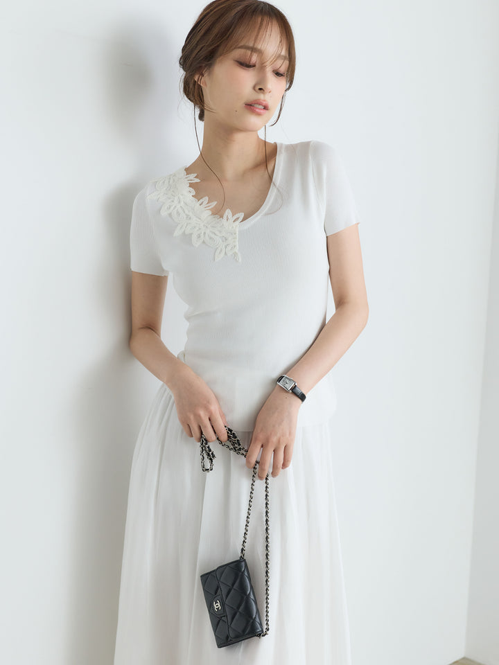 【SET】【Luxe Series】アシメレースネックサマーリブトップス+【Luxe Series】シャイニーシワプリーツスカート(2set)