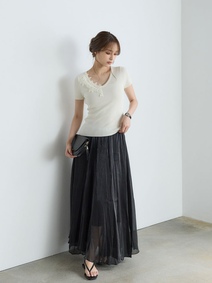 【SET】【Luxe Series】アシメレースネックサマーリブトップス+【Luxe Series】シャイニーシワプリーツスカート(2set)