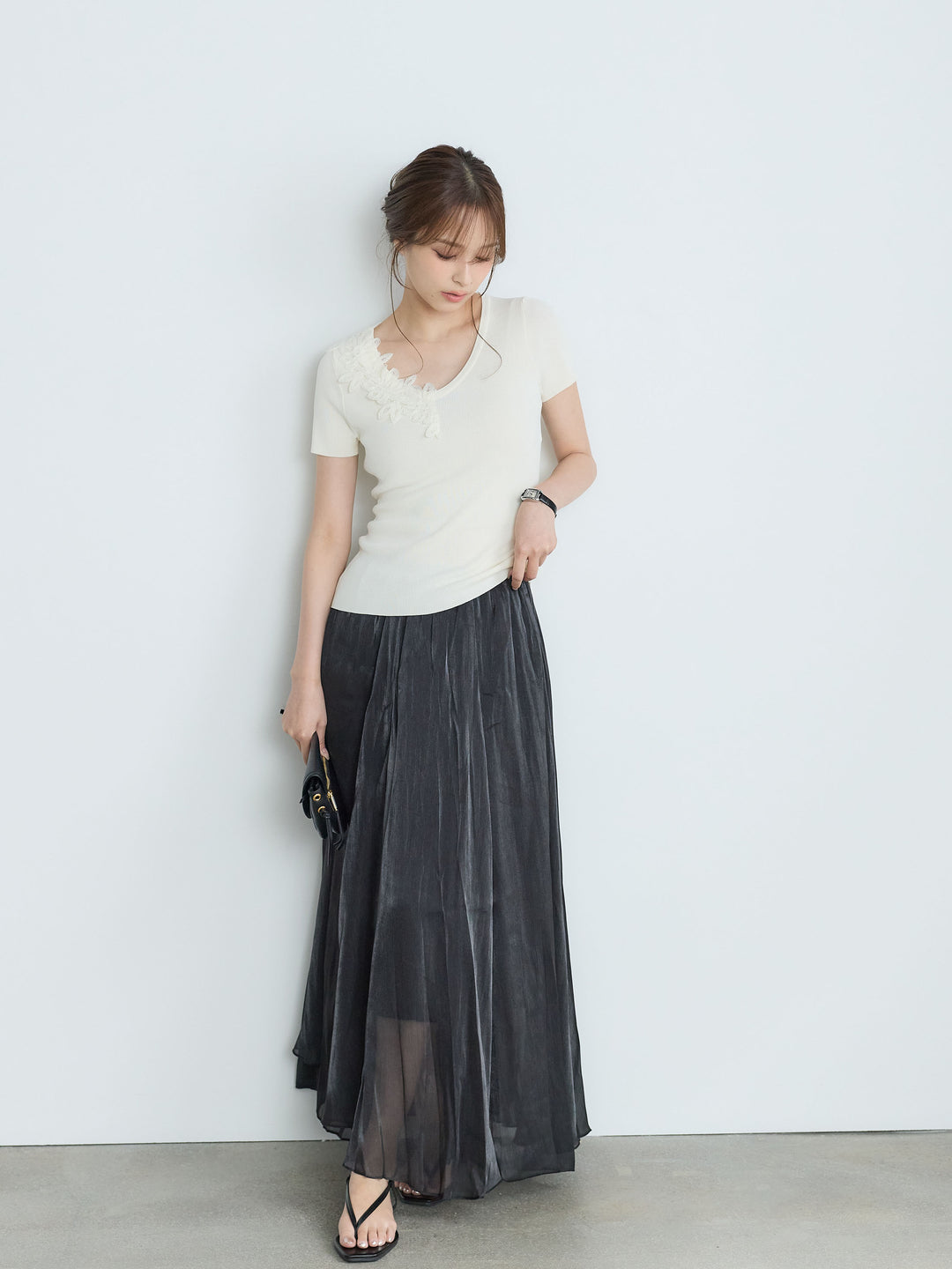【SET】【Luxe Series】アシメレースネックサマーリブトップス+【Luxe Series】シャイニーシワプリーツスカート(2set)
