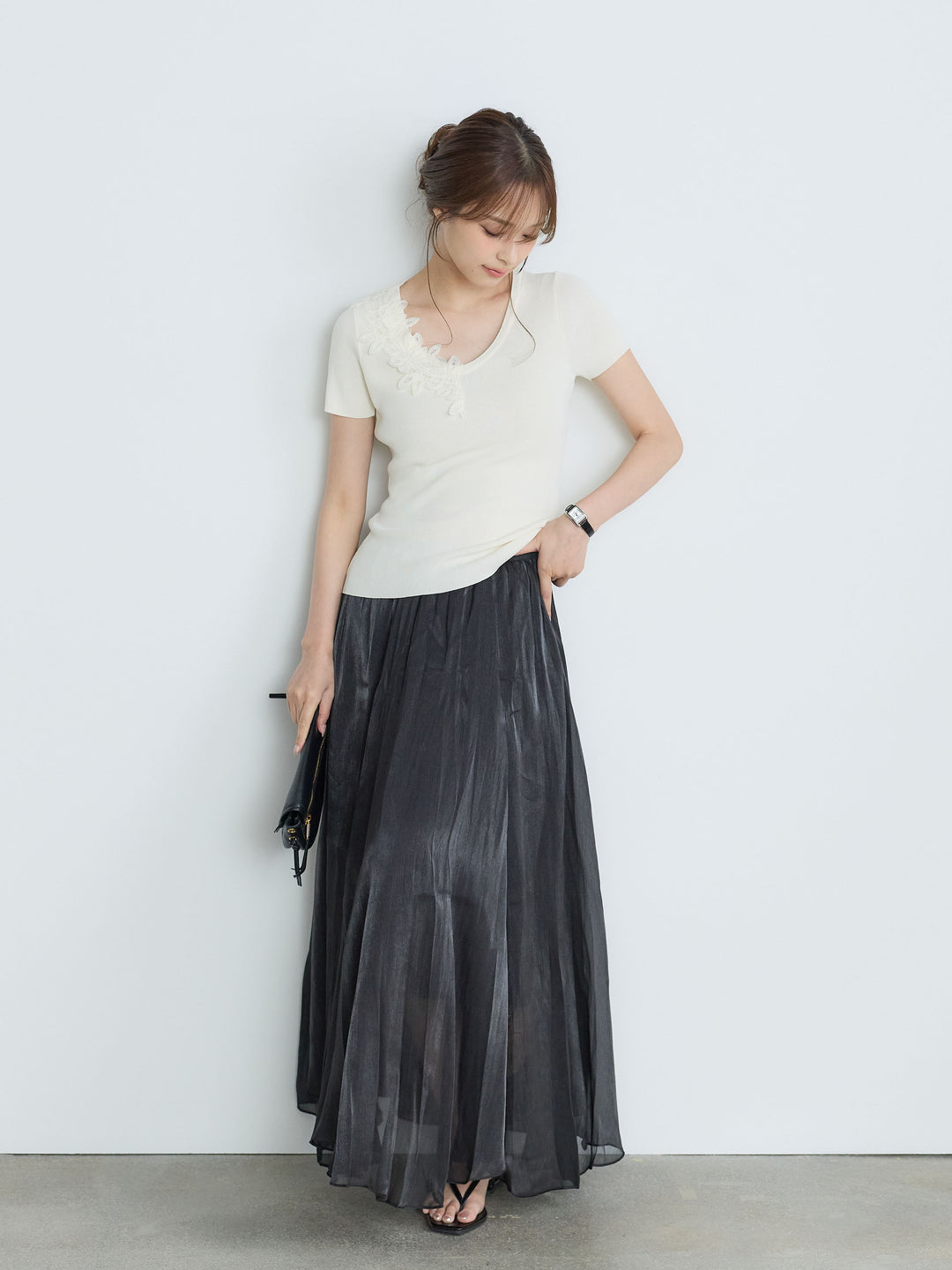 【Luxe Series】アシメレースネックサマーリブトップス