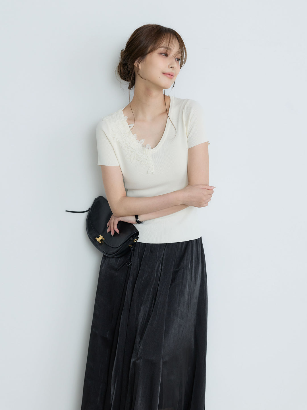 【Luxe Series】アシメレースネックサマーリブトップス