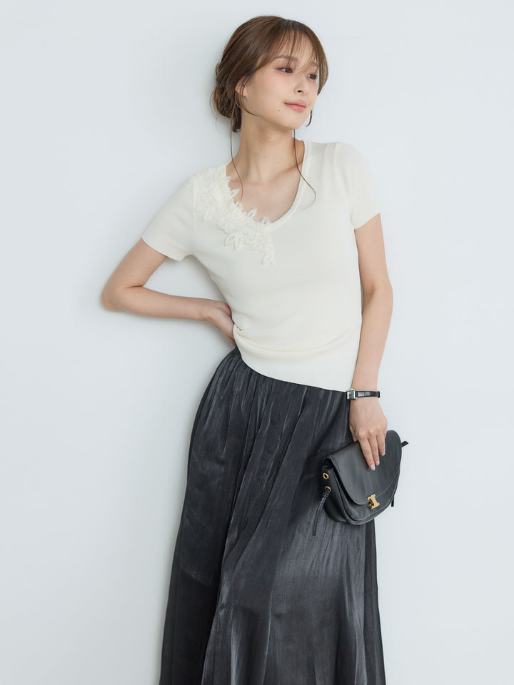 【SET】【Luxe Series】アシメレースネックサマーリブトップス+【Luxe Series】シャイニーシワプリーツスカート(2set)