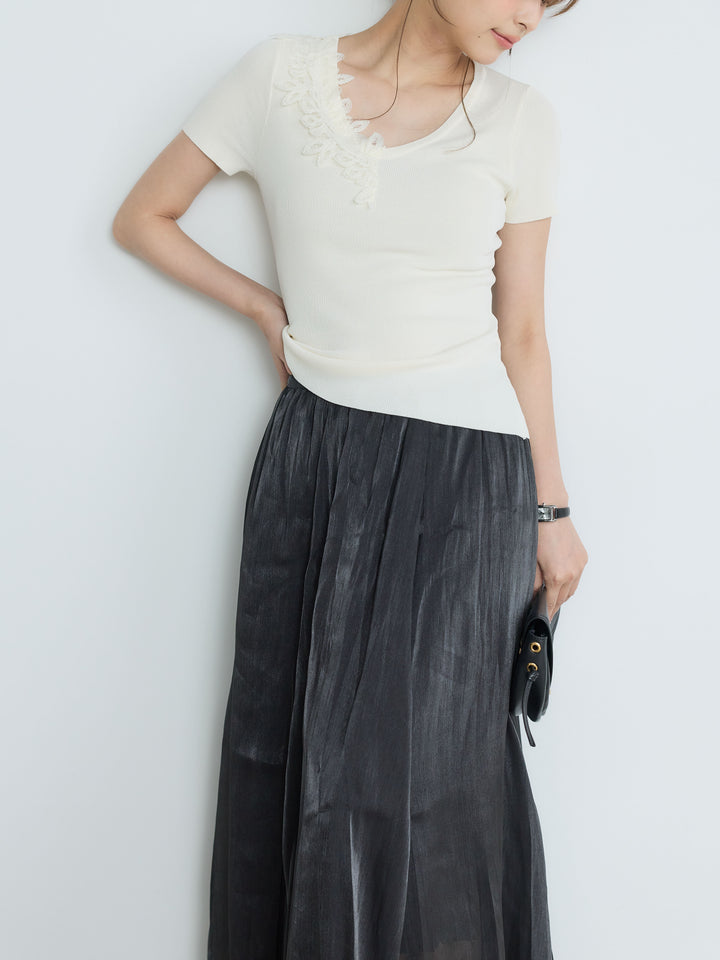 【SET】【Luxe Series】アシメレースネックサマーリブトップス+【Luxe Series】シャイニーシワプリーツスカート(2set)