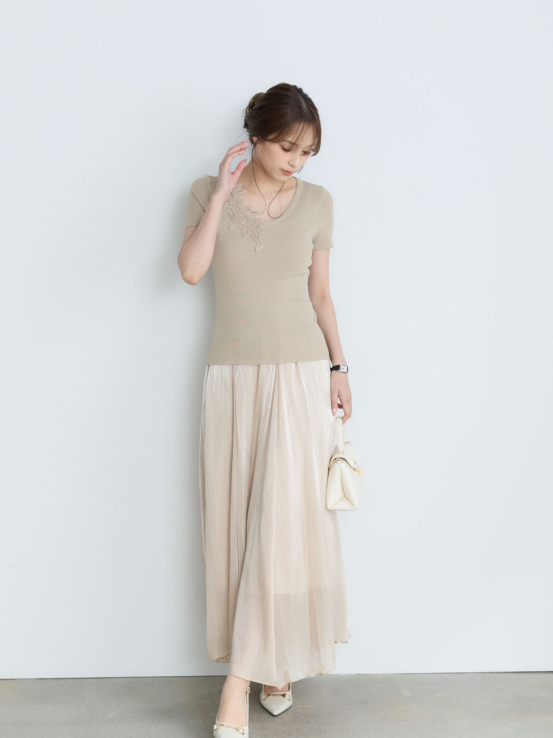 【Luxe Series】アシメレースネックサマーリブトップス
