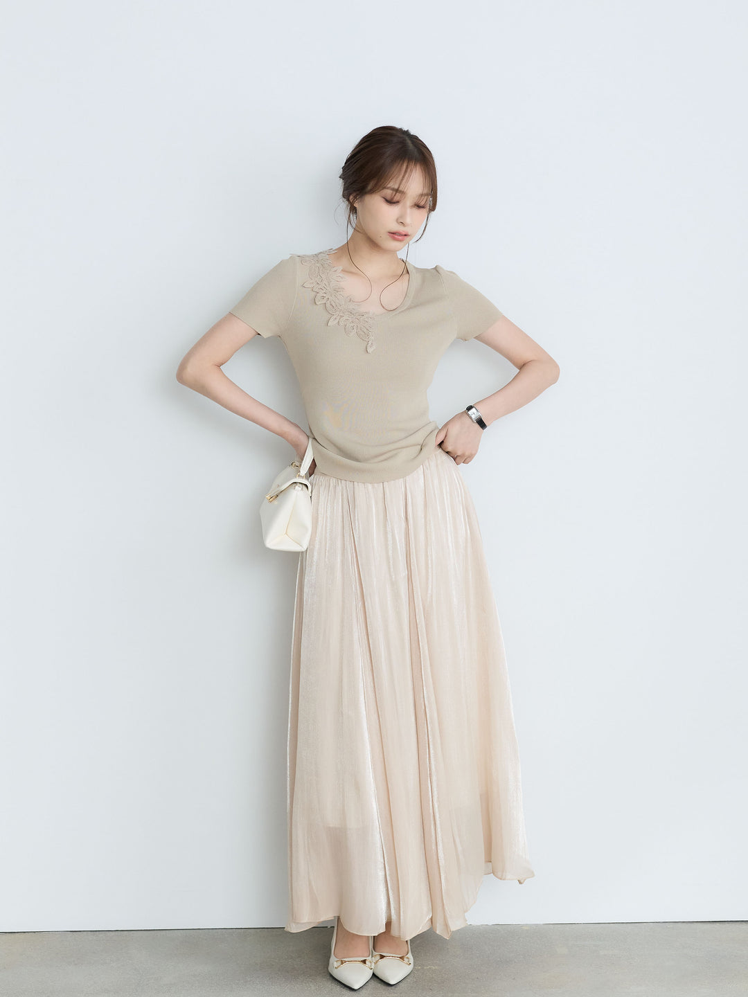 【SET】【Luxe Series】アシメレースネックサマーリブトップス+【Luxe Series】シャイニーシワプリーツスカート(2set)