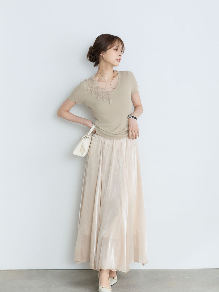 【SET】【Luxe Series】アシメレースネックサマーリブトップス+【Luxe Series】シャイニーシワプリーツスカート(2set)