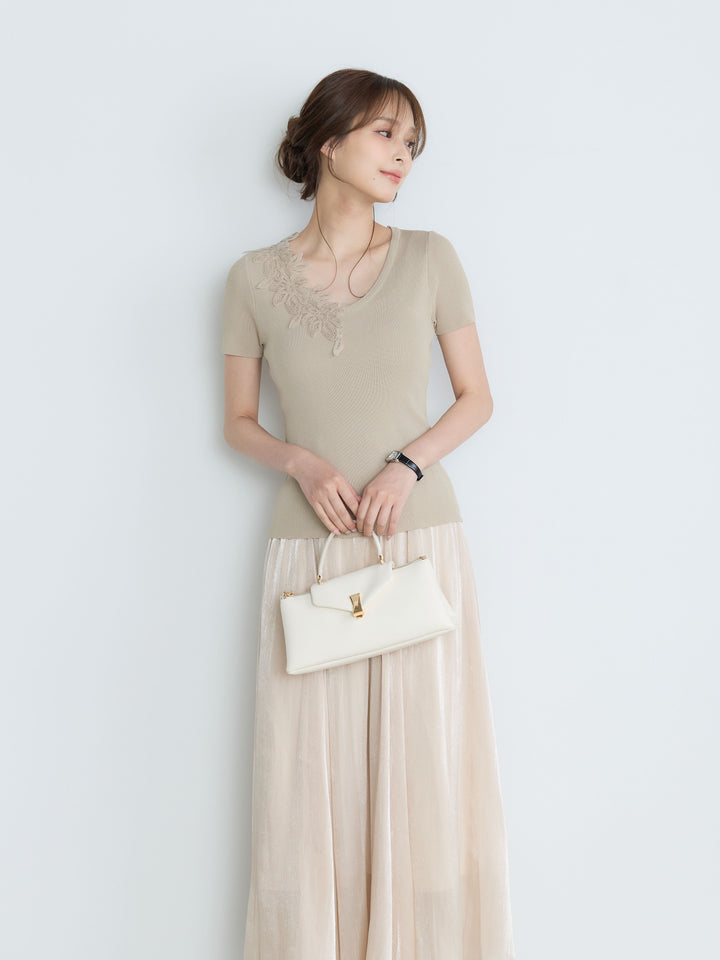 【Luxe Series】アシメレースネックサマーリブトップス