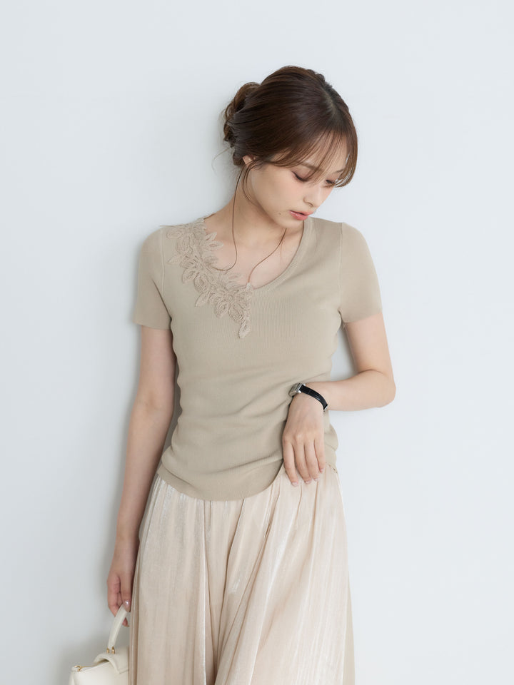 【Luxe Series】アシメレースネックサマーリブトップス