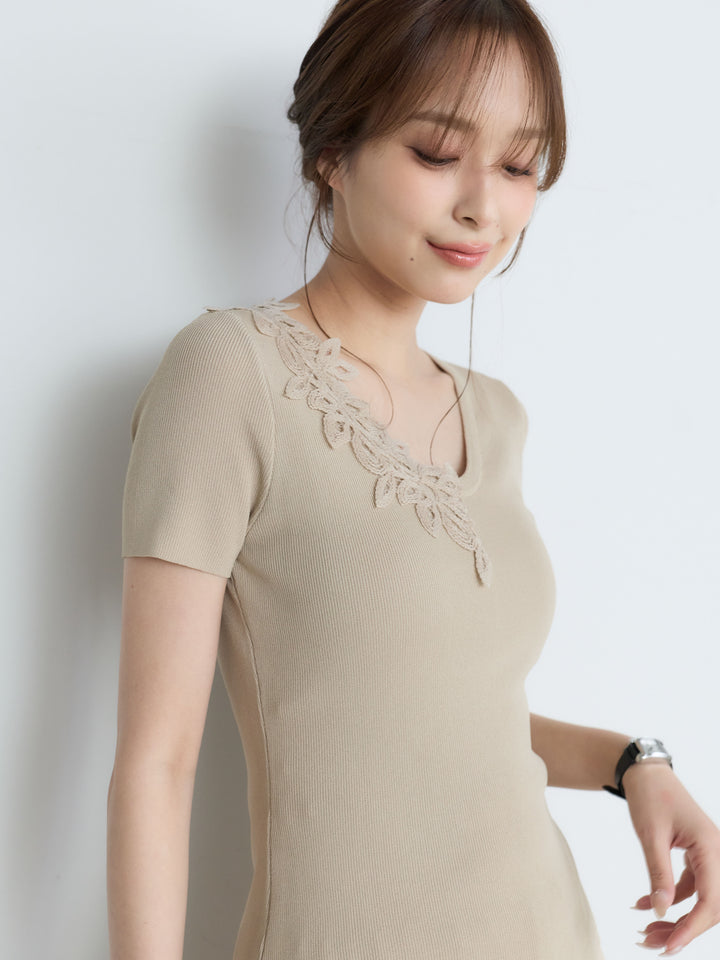 【SET】【Luxe Series】アシメレースネックサマーリブトップス+【Luxe Series】シャイニーシワプリーツスカート(2set)