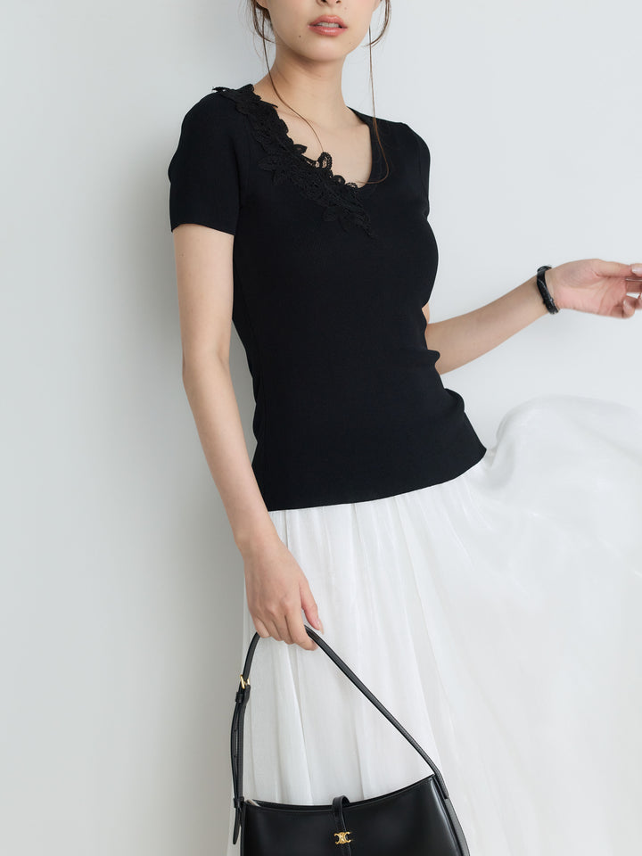 【SET】【Luxe Series】アシメレースネックサマーリブトップス+【Luxe Series】シャイニーシワプリーツスカート(2set)