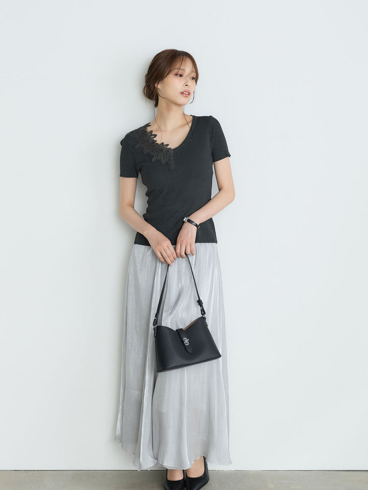 【Luxe Series】アシメレースネックサマーリブトップス