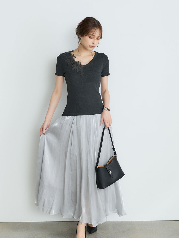 【SET】【Luxe Series】アシメレースネックサマーリブトップス+【Luxe Series】シャイニーシワプリーツスカート(2set)