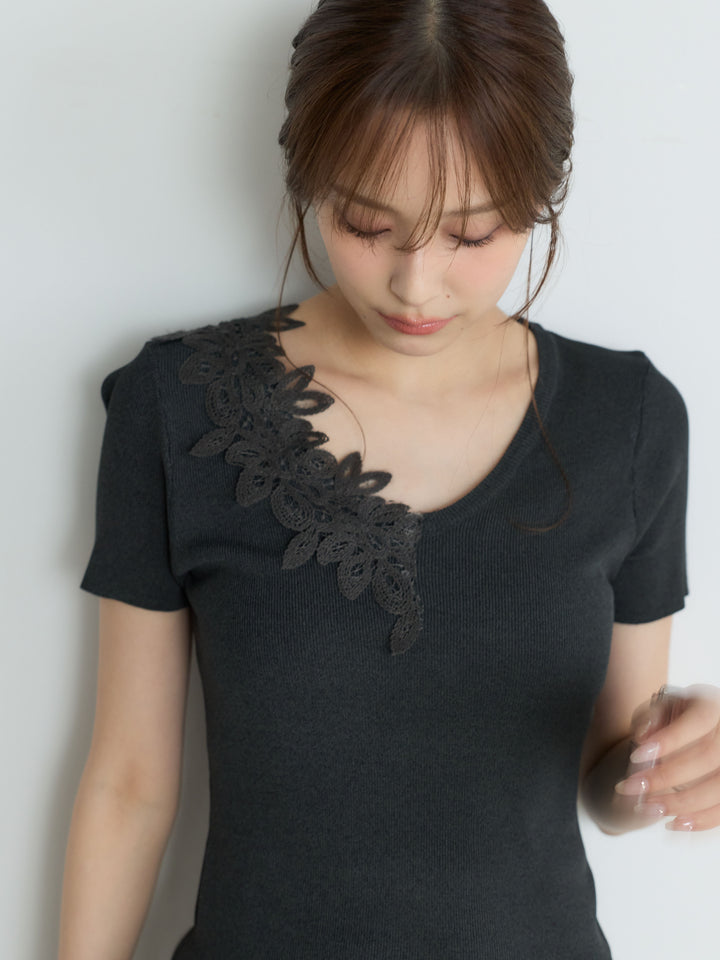 【SET】【Luxe Series】アシメレースネックサマーリブトップス+【Luxe Series】シャイニーシワプリーツスカート(2set)