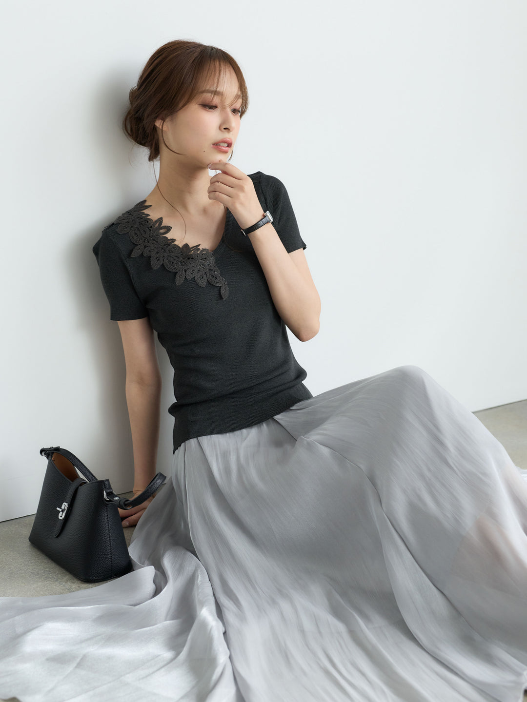 【SET】【Luxe Series】アシメレースネックサマーリブトップス+【Luxe Series】シャイニーシワプリーツスカート(2set)