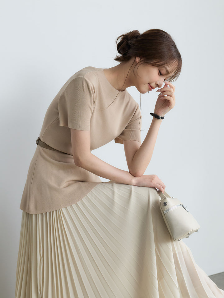 【SET】【Luxe Series】ラウンドネックサマーリブトップス(ベルト付き)+【Luxe Series】ランダムヘムプリーツロングスカート(2set)