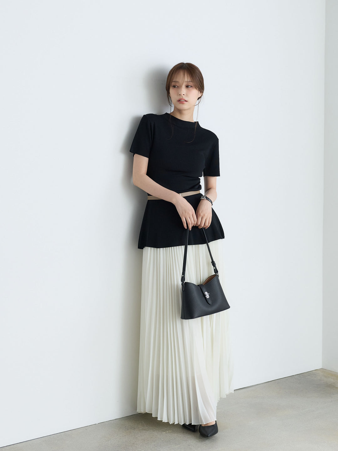【SET】【Luxe Series】ラウンドネックサマーリブトップス(ベルト付き)+【Luxe Series】ランダムヘムプリーツロングスカート(2set)