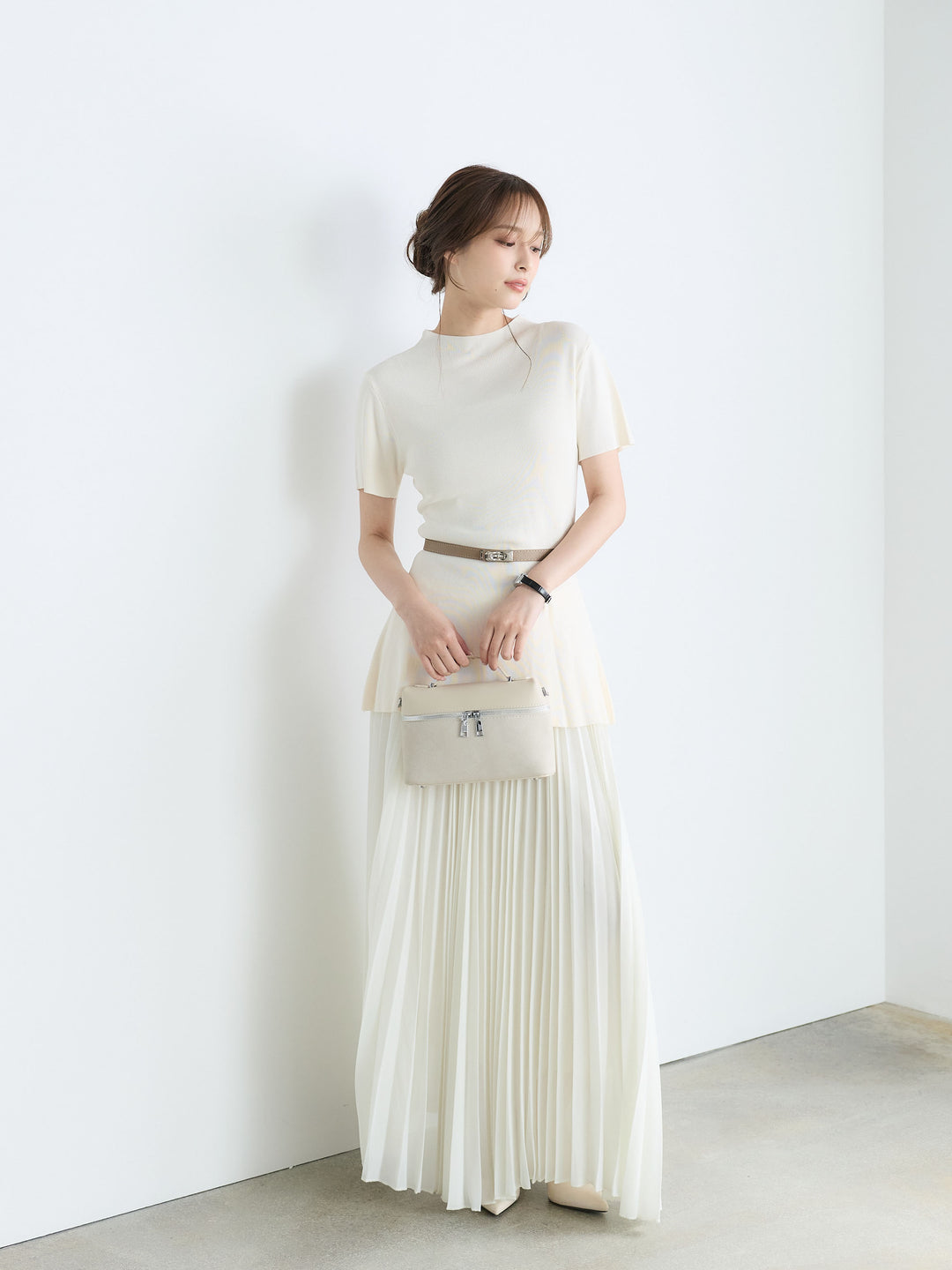 【SET】【Luxe Series】ラウンドネックサマーリブトップス(ベルト付き)+【Luxe Series】ランダムヘムプリーツロングスカート(2set)