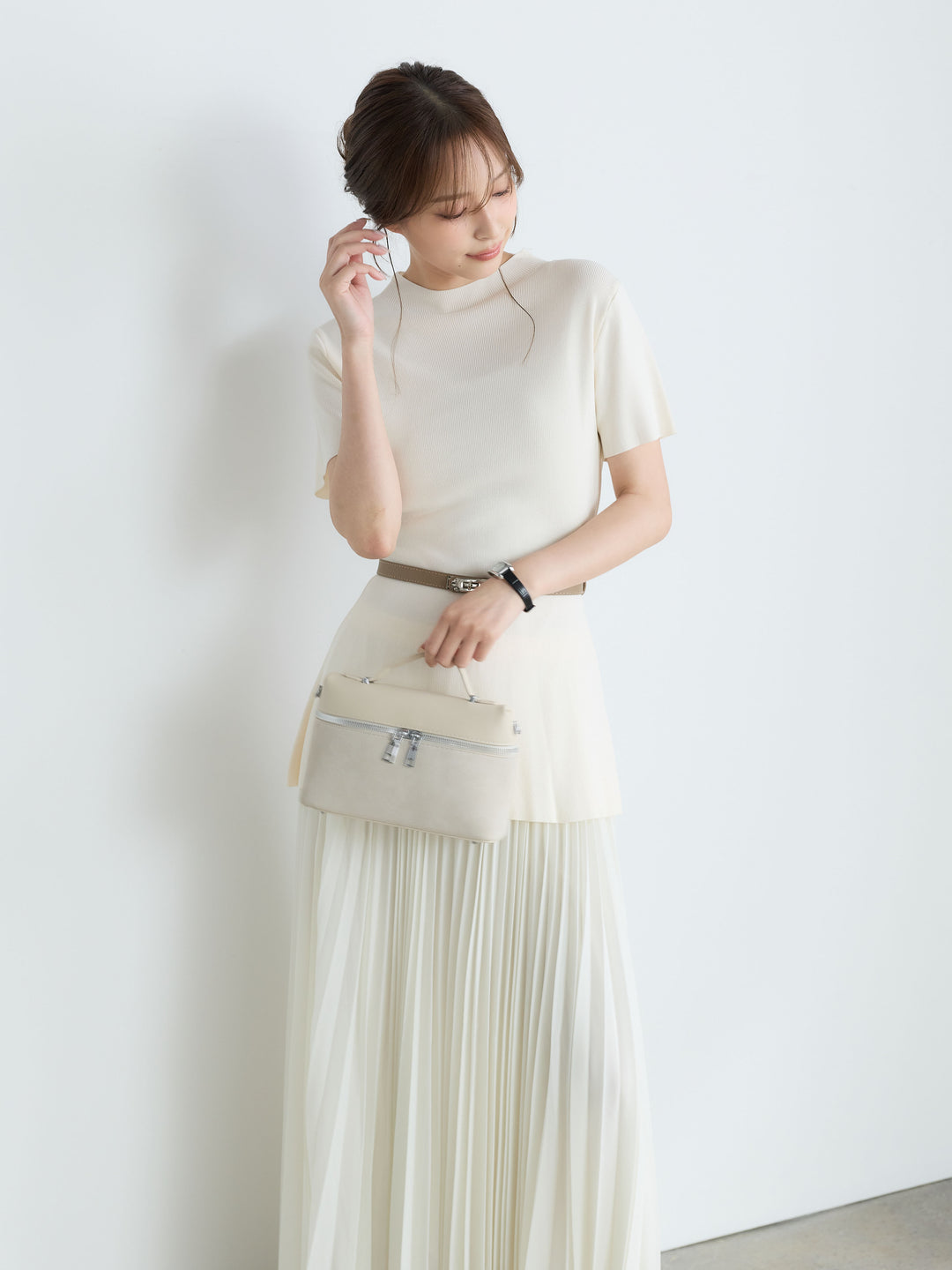 【SET】【Luxe Series】ラウンドネックサマーリブトップス(ベルト付き)+【Luxe Series】ランダムヘムプリーツロングスカート(2set)