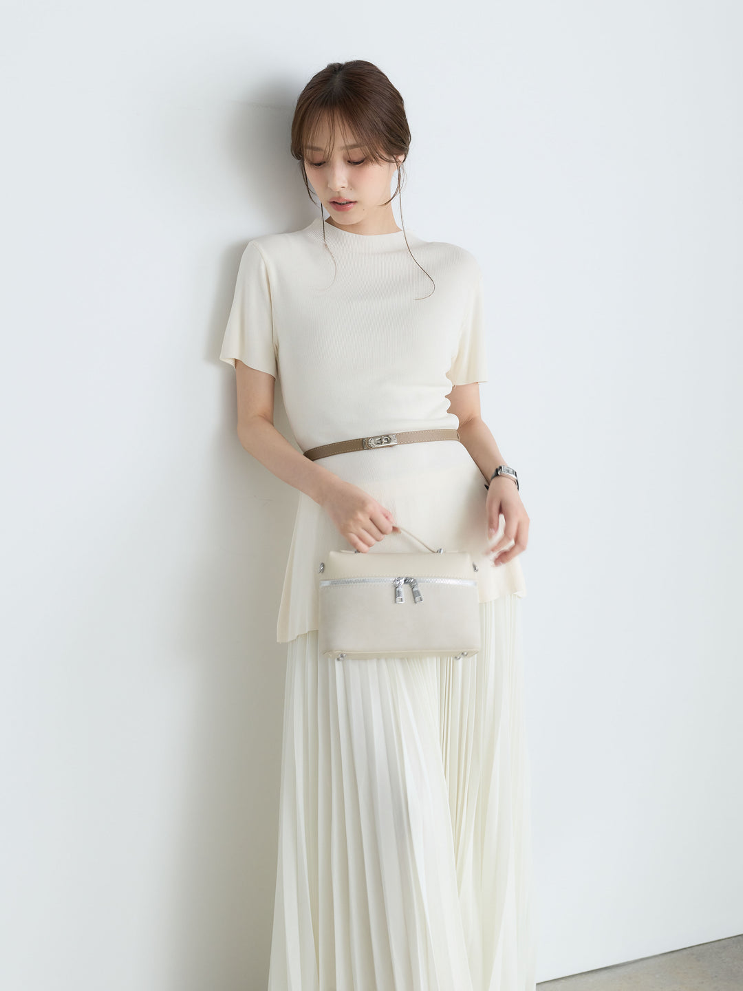 【SET】【Luxe Series】ラウンドネックサマーリブトップス(ベルト付き)+【Luxe Series】ランダムヘムプリーツロングスカート(2set)