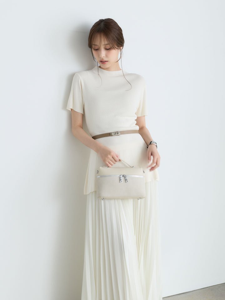 【SET】【Luxe Series】ラウンドネックサマーリブトップス(ベルト付き)+【Luxe Series】ランダムヘムプリーツロングスカート(2set)