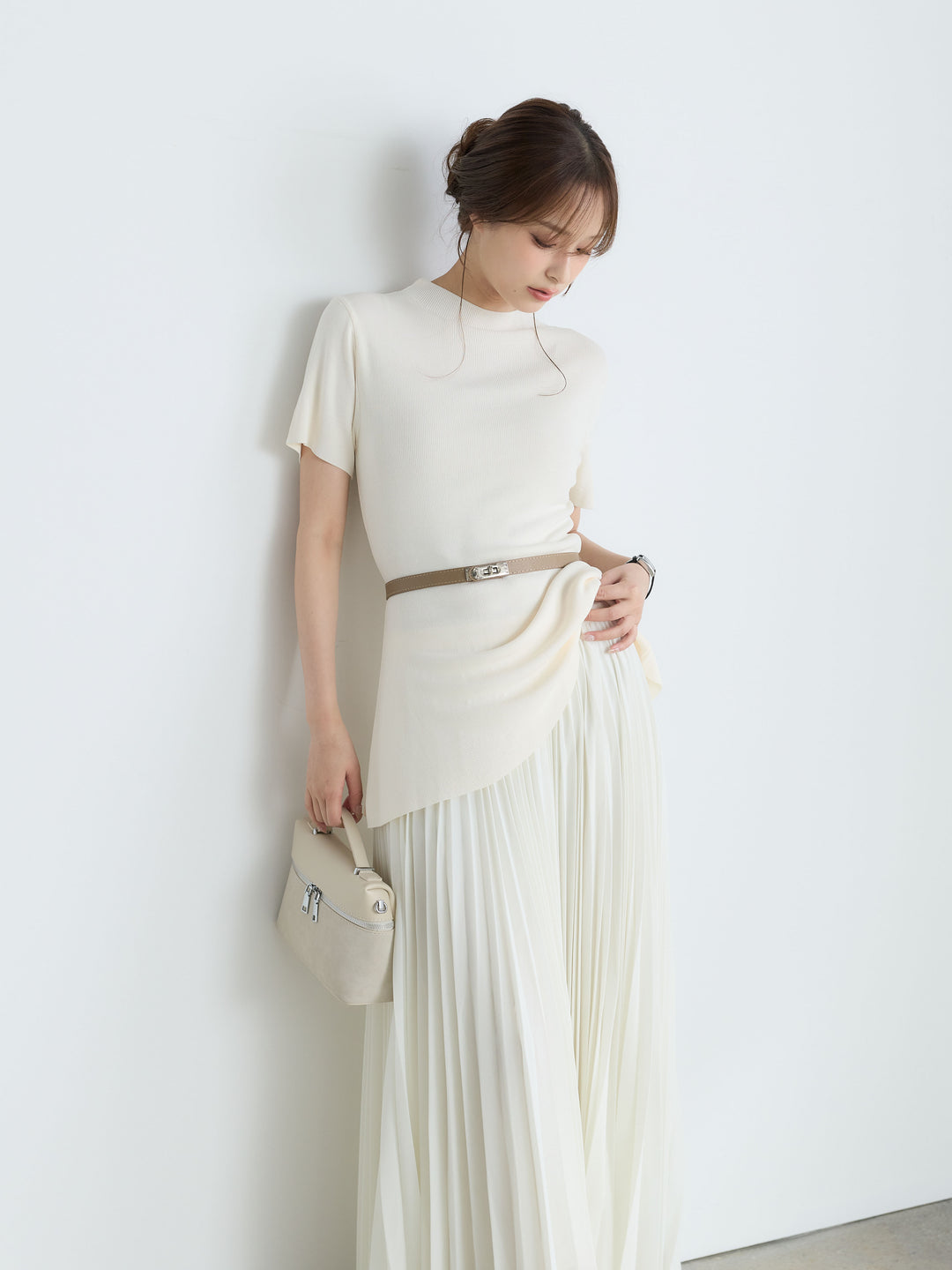 【SET】【Luxe Series】ラウンドネックサマーリブトップス(ベルト付き)+【Luxe Series】ランダムヘムプリーツロングスカート(2set)