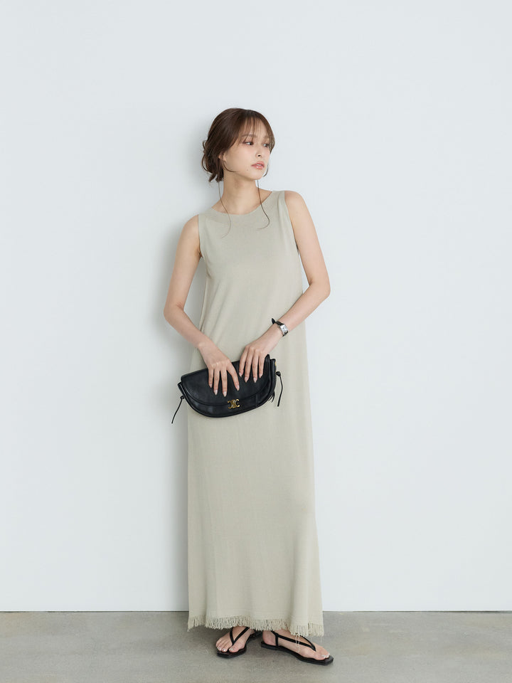【Luxe Series】裾フリンジラウンドネックサマーリブワンピース