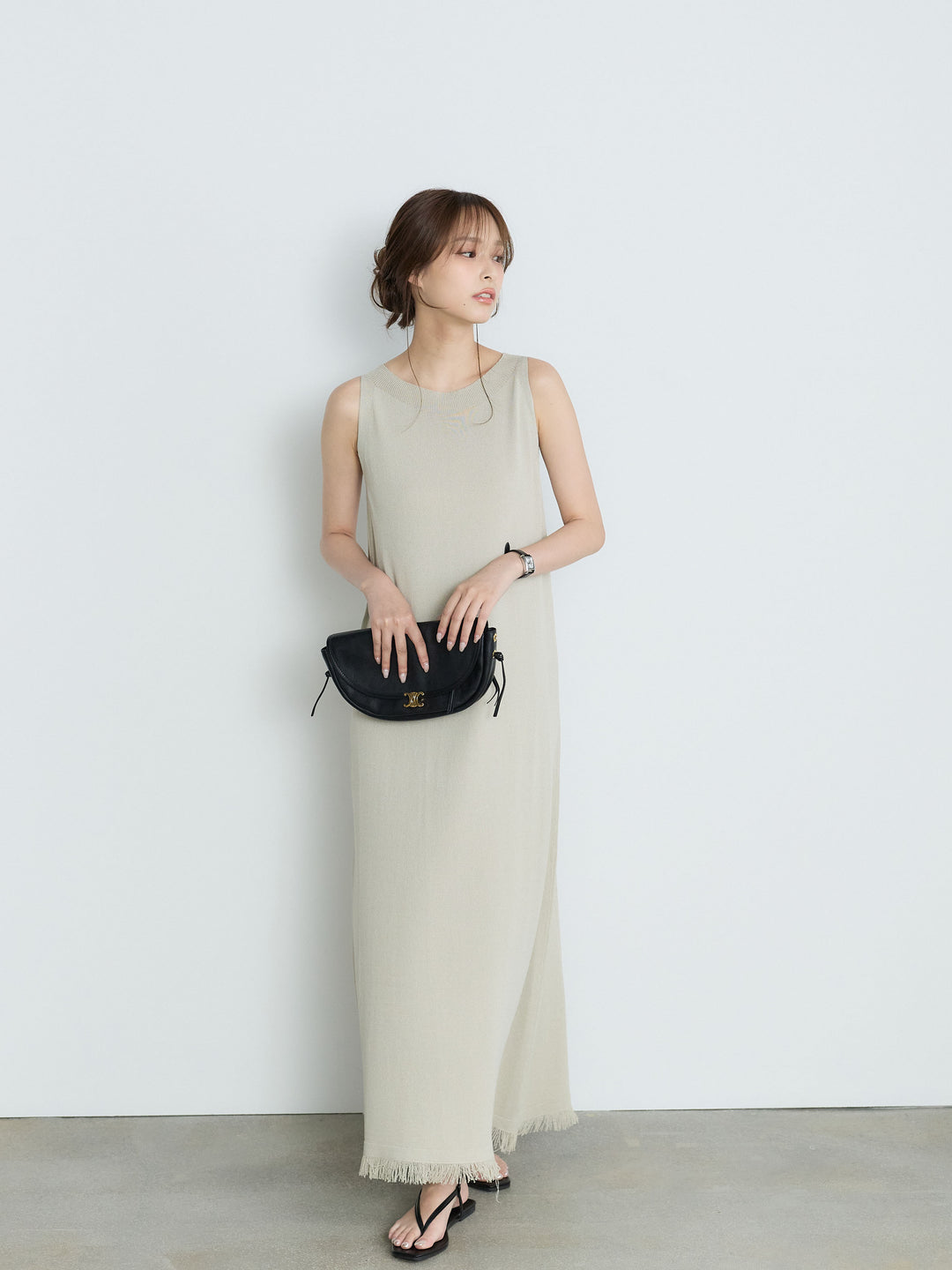 【Luxe Series】裾フリンジラウンドネックサマーリブワンピース