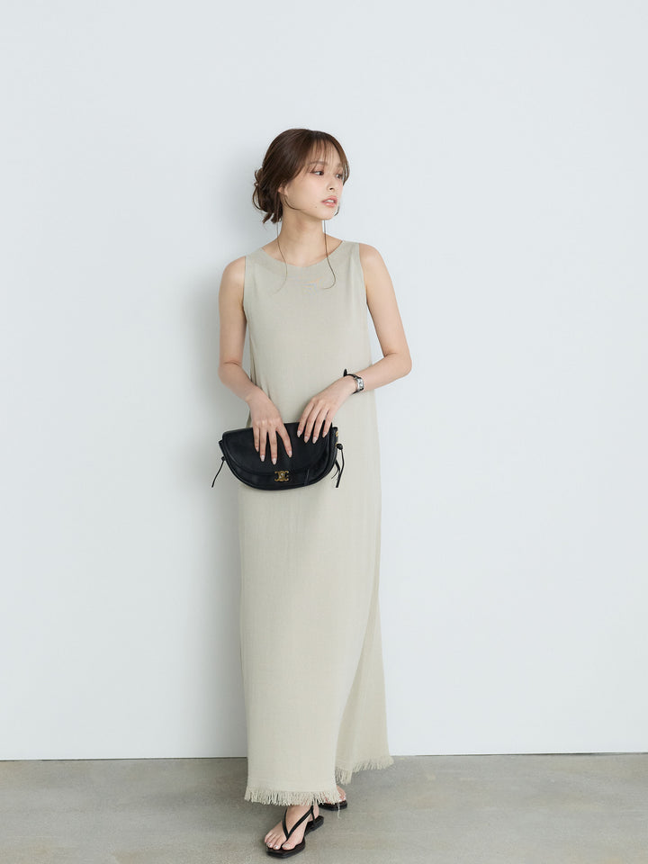 【Luxe Series】裾フリンジラウンドネックサマーリブワンピース