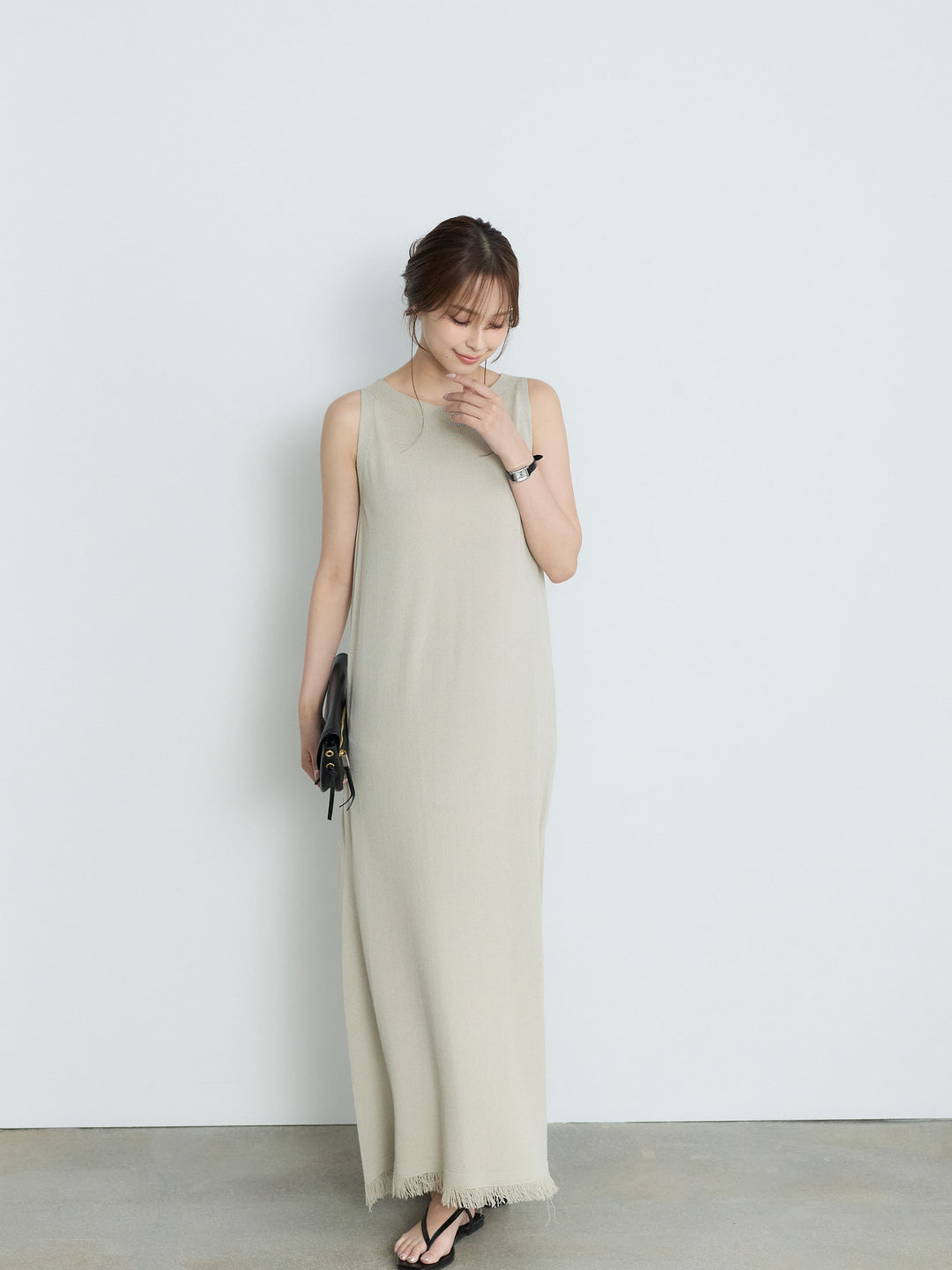 【Luxe Series】裾フリンジラウンドネックサマーリブワンピース