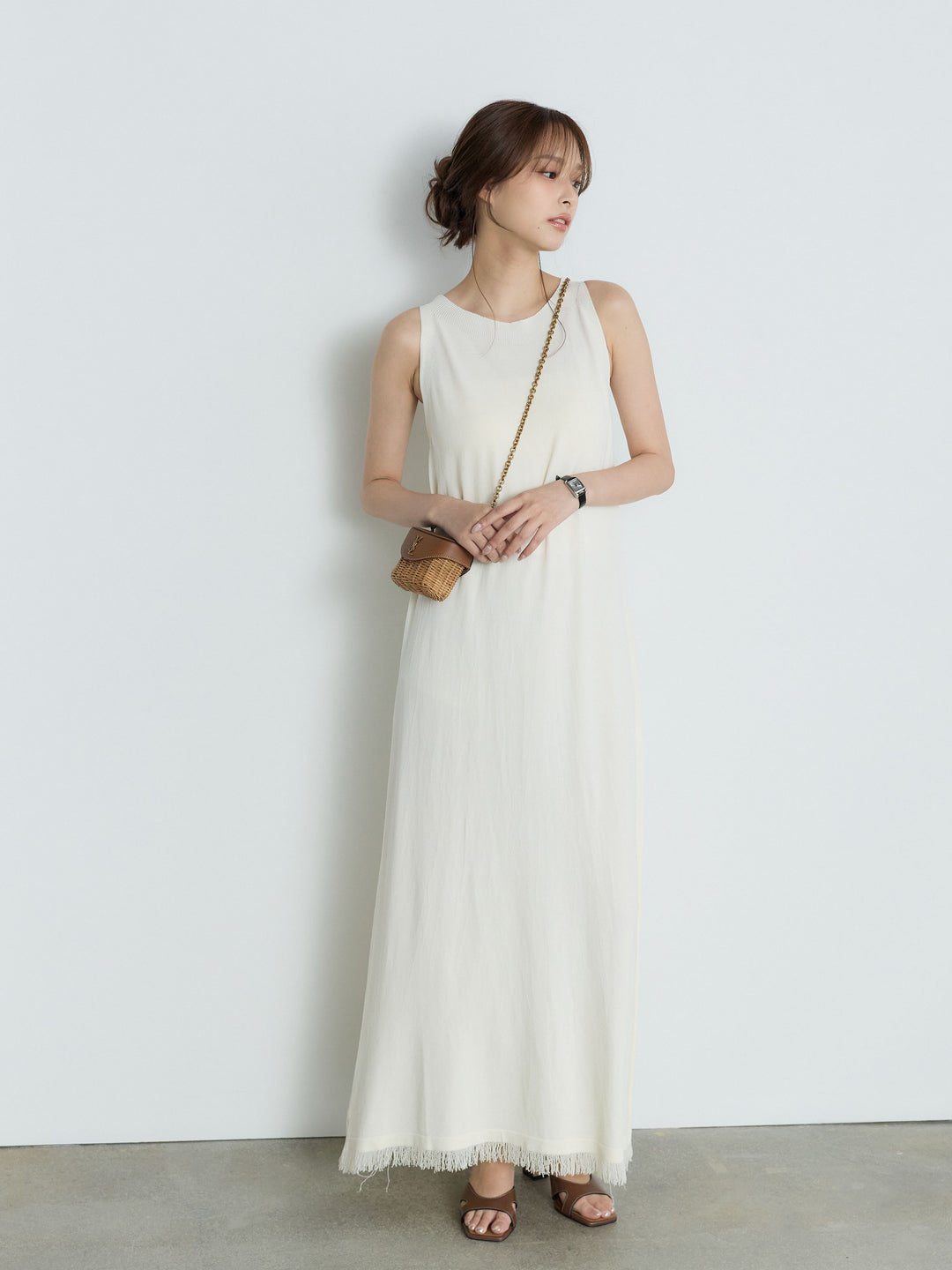 【Luxe Series】裾フリンジラウンドネックサマーリブワンピース