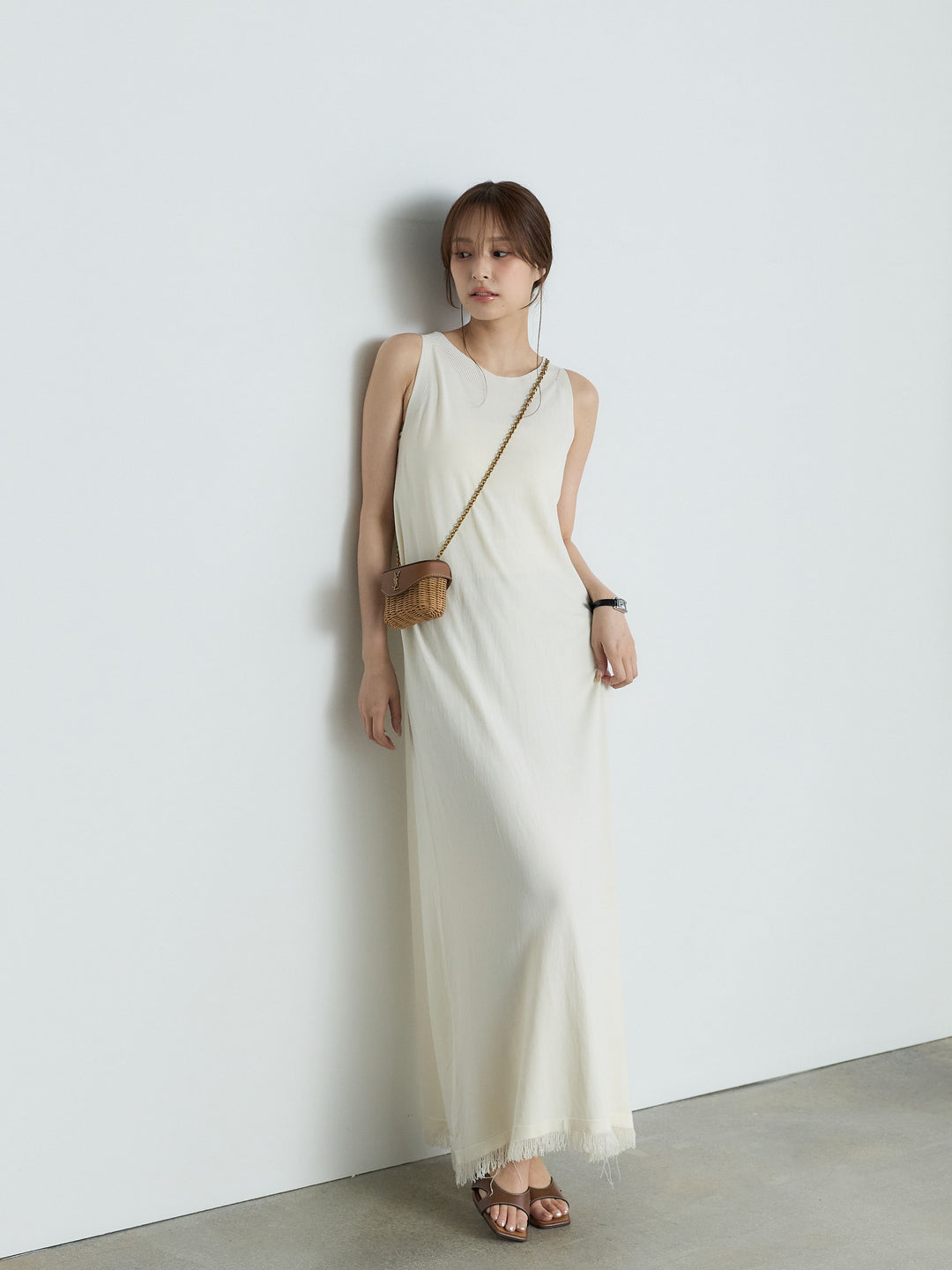 【Luxe Series】裾フリンジラウンドネックサマーリブワンピース