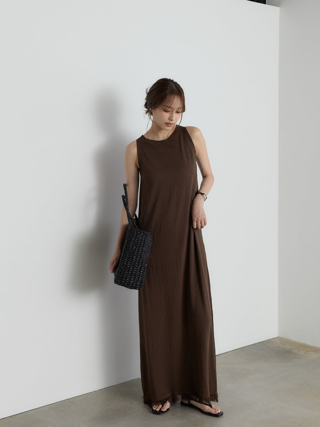 【Luxe Series】裾フリンジラウンドネックサマーリブワンピース
