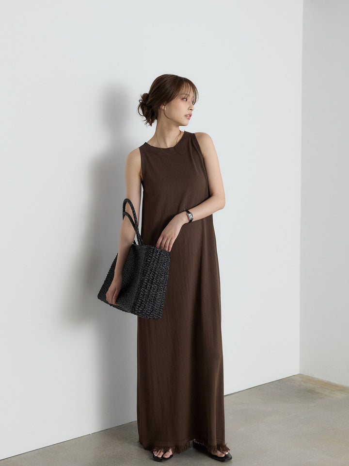 【Luxe Series】裾フリンジラウンドネックサマーリブワンピース