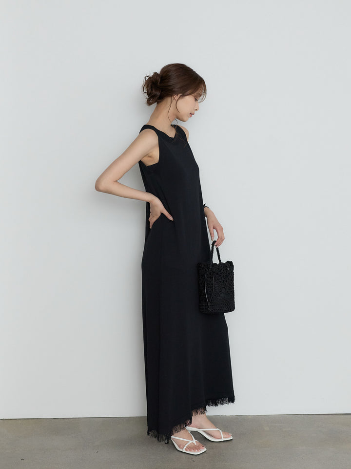 【Luxe Series】裾フリンジラウンドネックサマーリブワンピース