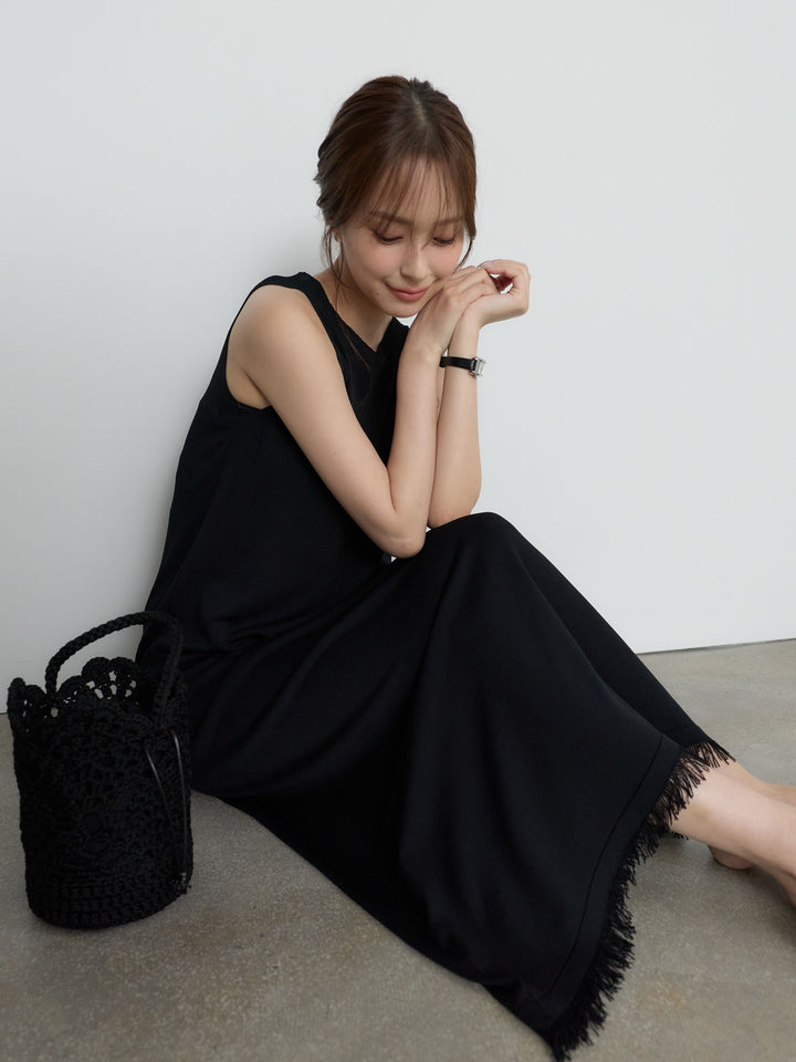 【Luxe Series】裾フリンジラウンドネックサマーリブワンピース
