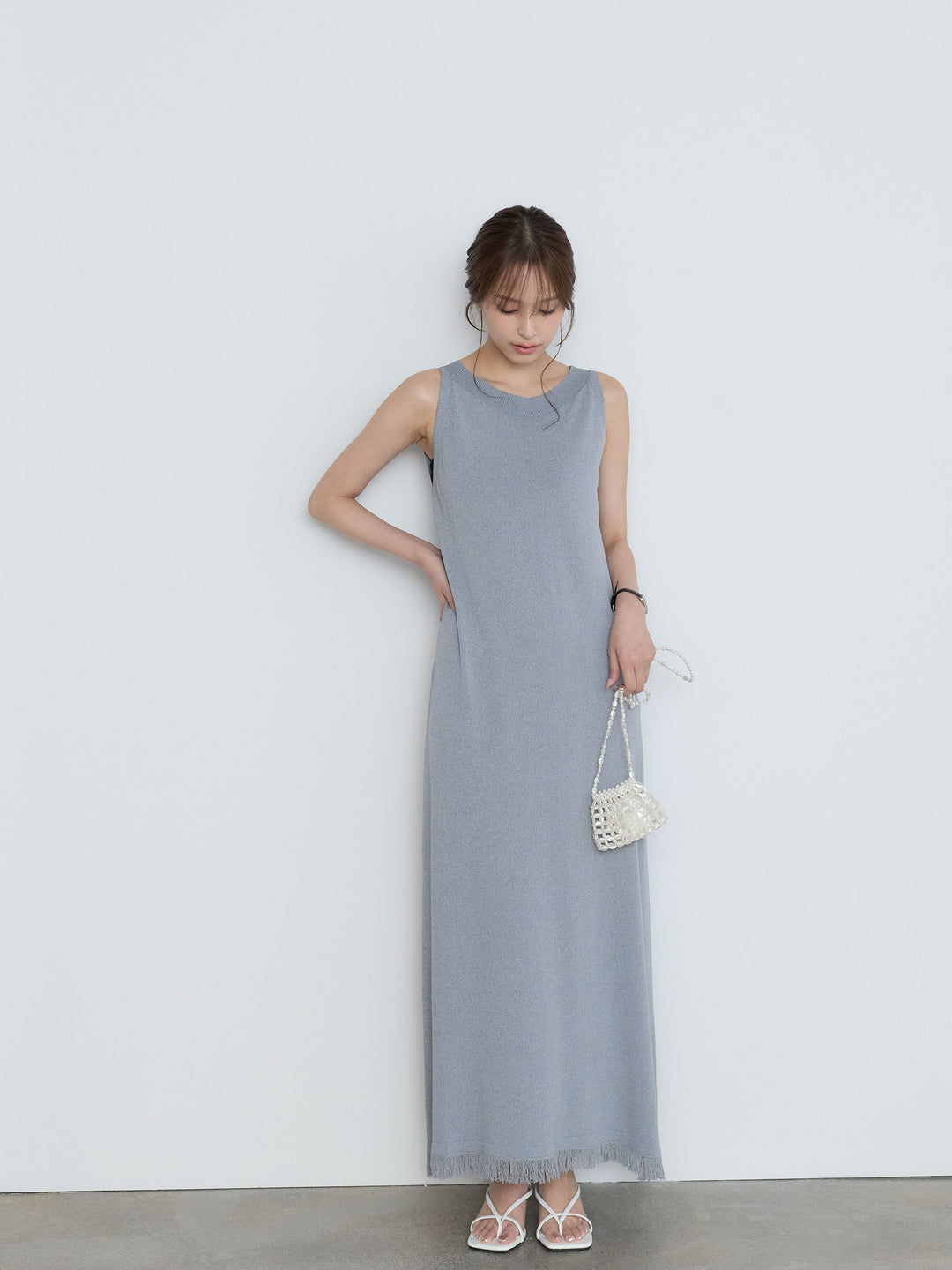 【Luxe Series】裾フリンジラウンドネックサマーリブワンピース