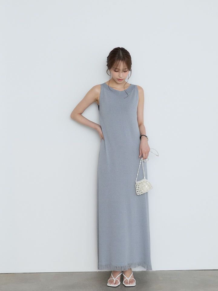 【Luxe Series】裾フリンジラウンドネックサマーリブワンピース